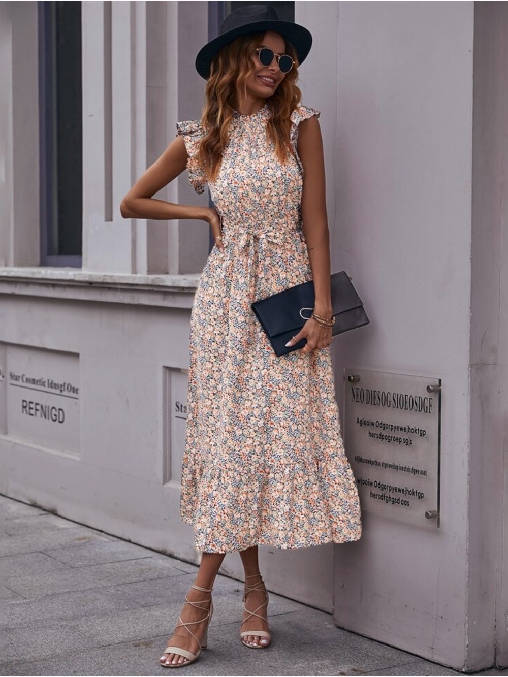 Sleeveless Peach Floral Tie-Waist Midi Dress